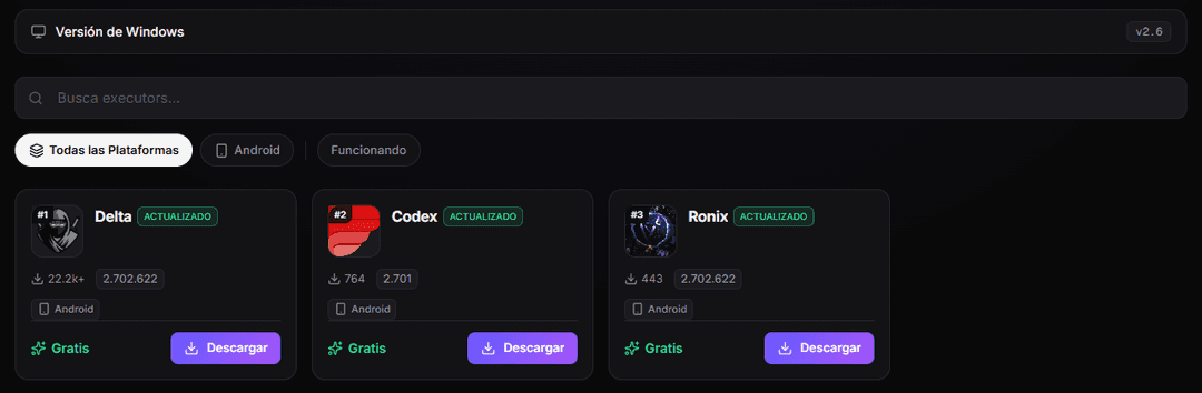 RblxScript executors directory showing the Delta, Codex and Ronix cards with version number, Android tag and download button
