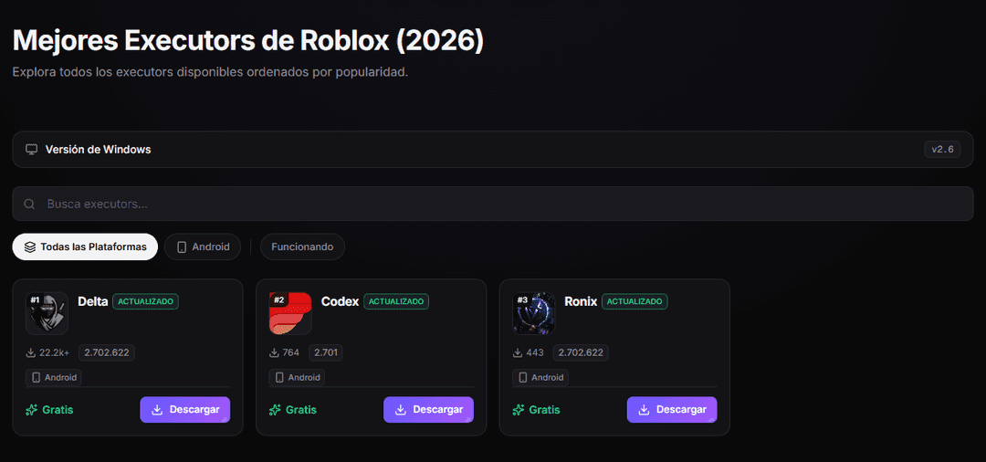 The executors page on RblxScript listing Delta, Codex and Ronix with their version numbers and update tags