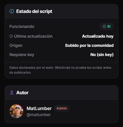 Status box of a RblxScript script page showing working, last updated, source and key requirement, plus the note that the data is declared by the author, with the author card below