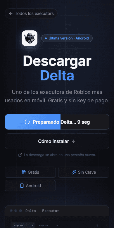 Delta download page on RblxScript on a phone, with the Download Delta title, the preparing download button with a countdown, the How to install button and the Free, No key and Android badges