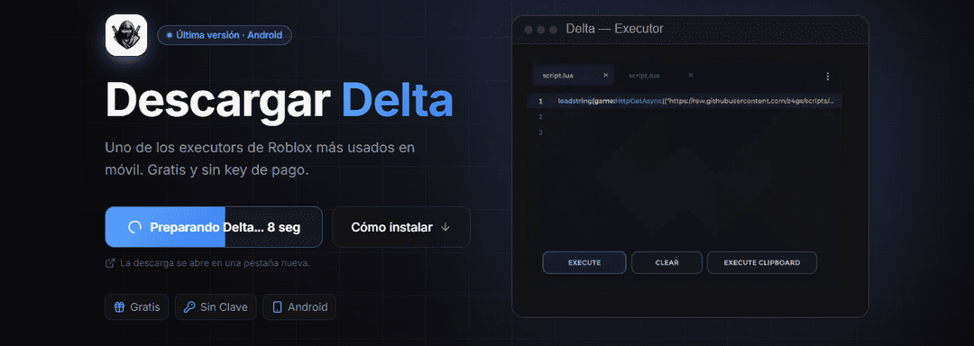Página de descarga de Delta en RblxScript con el botón de descarga y las etiquetas Gratis, Sin Clave y Android