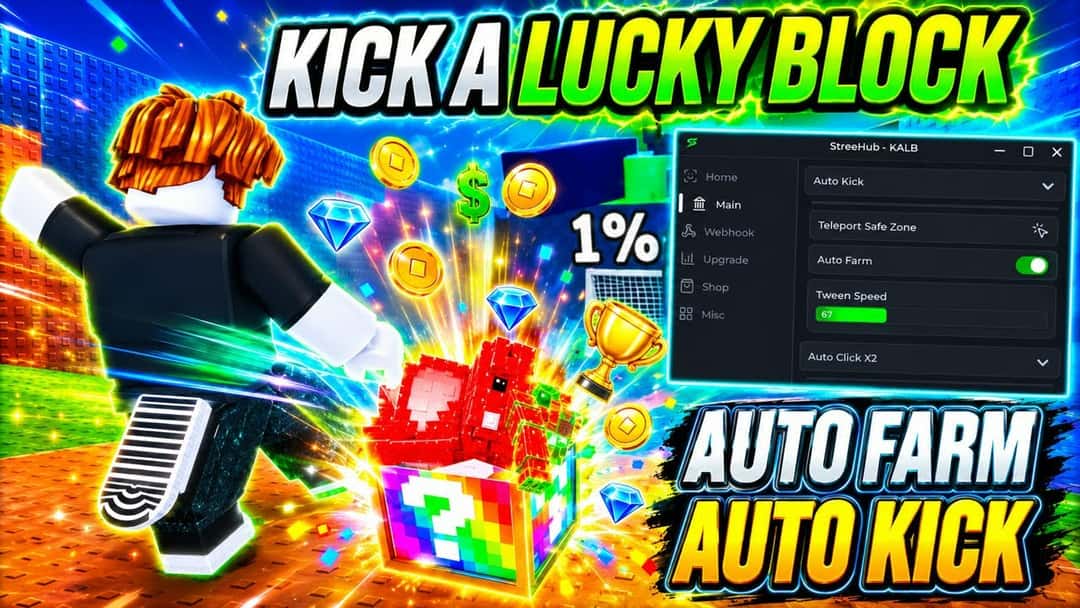 Thumbnail of a SpiderScripts video about Kick a Lucky Block with auto farm and rebirth