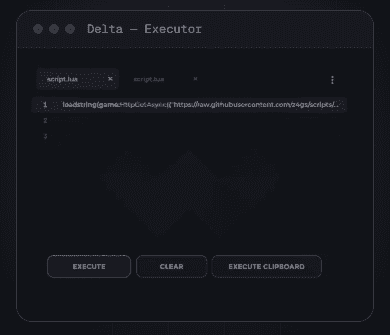 Executor editor mockup with a script.lua tab containing one line that starts with loadstring(game:HttpGetAsync( and a GitHub URL, and the Execute, Clear and Execute Clipboard buttons