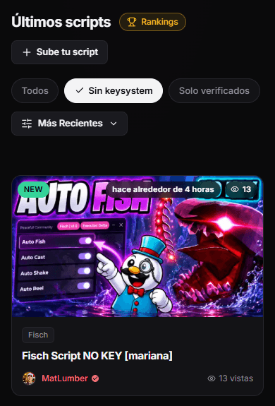 RblxScript scripts library on a phone screen with the Latest scripts heading, the Upload your script button, the All, No key system and Verified only filters with No key system selected, and the first script card