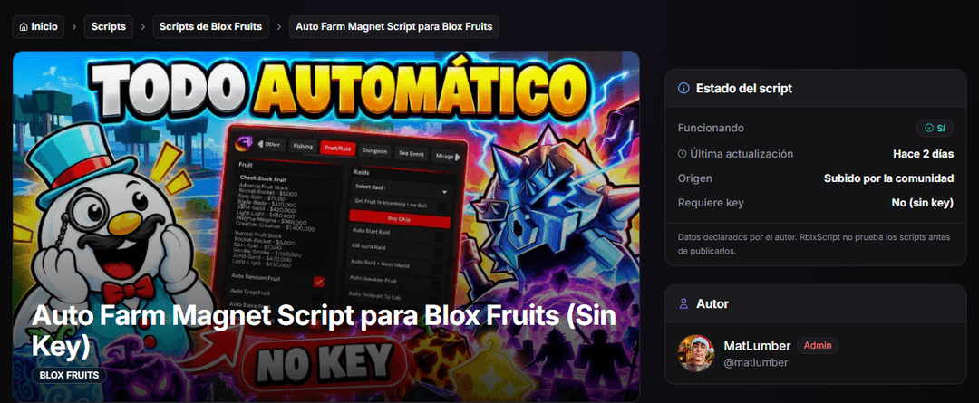 Script page on RblxScript with the thumbnail, the Script status panel and the author box