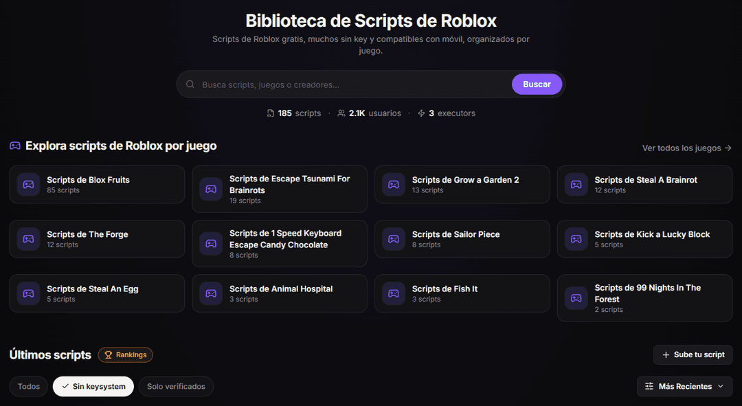 Top of the RblxScript scripts library with the search bar, the stats and the No key system filter selected