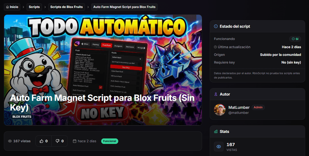 Parte superior de una ficha de script en RblxScript con el recuadro Estado del script: funcionando sí, actualizado hace 2 días, subido por la comunidad y sin key, junto a la tarjeta del autor