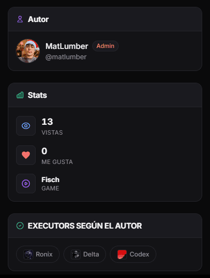 Panel lateral de una ficha de RblxScript con la tarjeta del autor, vistas, likes, juego y los executors que indica el autor