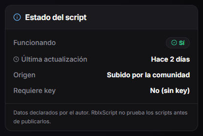Script status box of a script page on RblxScript with the rows Working yes, last updated two days ago, source community upload and no key required, plus a note that the data is declared by the author